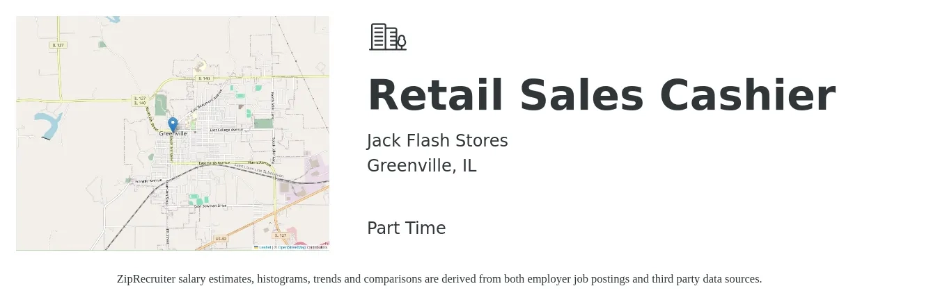 Jack Flash Stores job posting for a Retail Sales Cashier in Greenville, IL with a salary of $14 to $18 Hourly with a map of Greenville location.