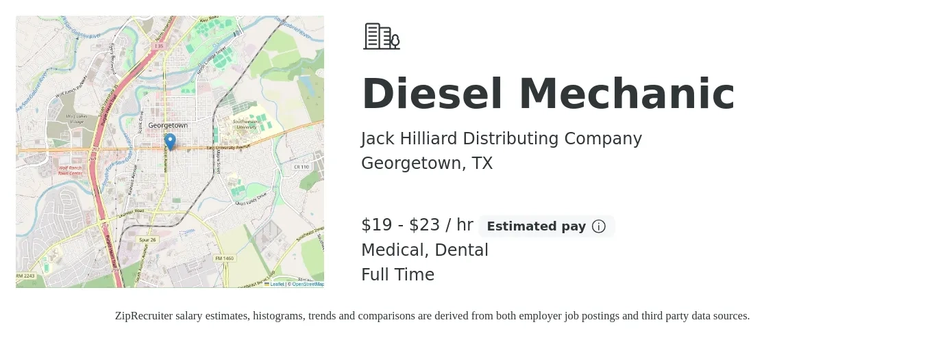 Jack Hilliard Distributing Company job posting for a Diesel Mechanic in Georgetown, TX with a salary of $20 to $24 Hourly and benefits including dental, medical, and retirement with a map of Georgetown location.