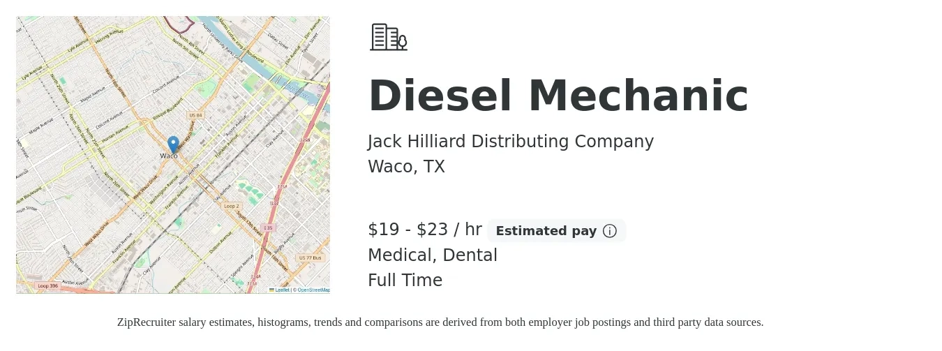 Jack Hilliard Distributing Company job posting for a Diesel Mechanic in Waco, TX with a salary of $20 to $24 Hourly and benefits including dental, medical, and retirement with a map of Waco location.