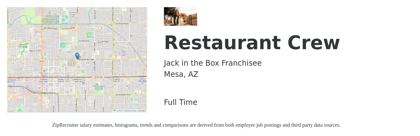 Jack in the Box Franchisee job posting for a Restaurant Crew in Mesa, AZ with a salary of $12 to $16 Hourly with a map of Mesa location.