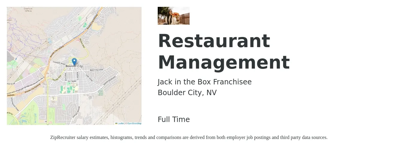 Jack in the Box Franchisee job posting for a Restaurant Management in Boulder City, NV with a salary of $40,200 to $64,800 Yearly with a map of Boulder City location.