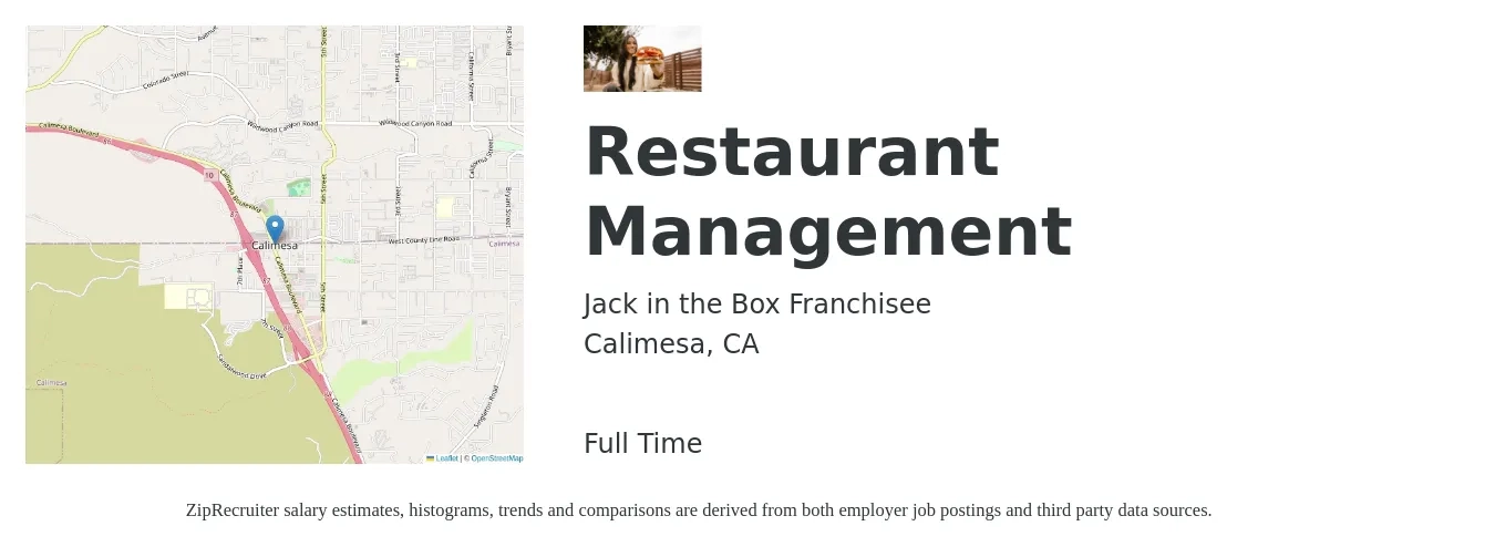 Jack in the Box Franchisee job posting for a Restaurant Management in Calimesa, CA with a salary of $41,800 to $67,400 Yearly with a map of Calimesa location.