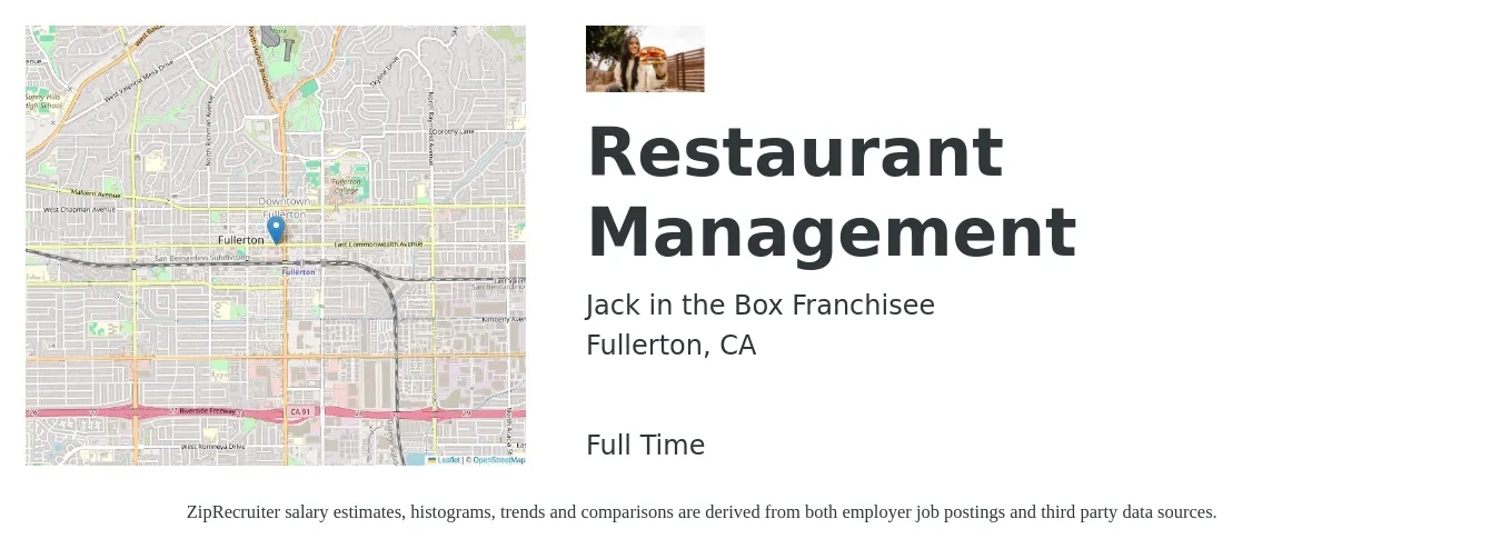 Jack in the Box Franchisee job posting for a Restaurant Management in Fullerton, CA with a salary of $41,700 to $67,200 Yearly with a map of Fullerton location.
