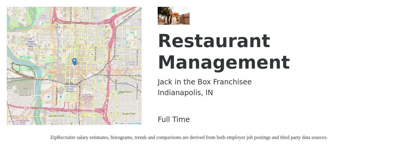 Jack in the Box Franchisee job posting for a Restaurant Management in Indianapolis, IN with a salary of $38,200 to $61,700 Yearly with a map of Indianapolis location.