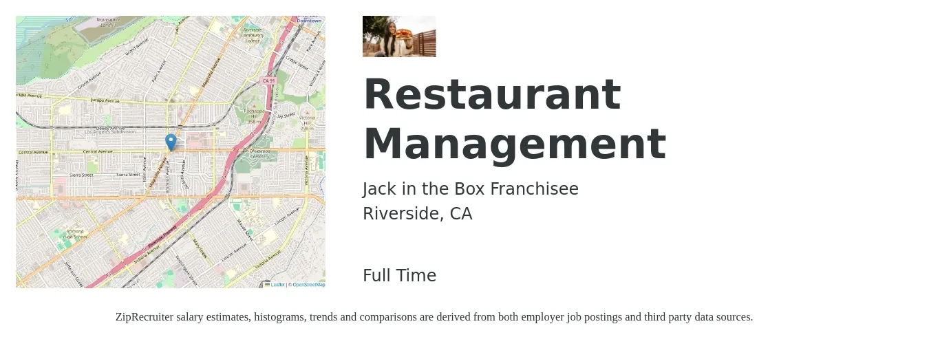 Jack in the Box Franchisee job posting for a Restaurant Management in Riverside, CA with a salary of $41,700 to $67,300 Yearly with a map of Riverside location.