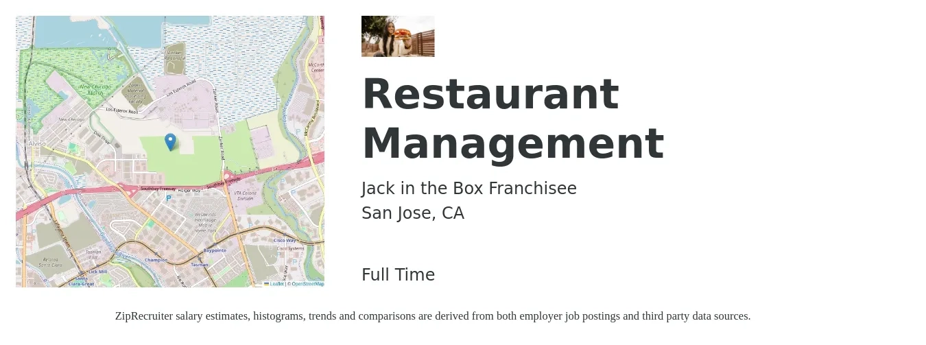 Jack in the Box Franchisee job posting for a Restaurant Management in San Jose, CA with a salary of $46,900 to $75,600 Yearly with a map of San Jose location.