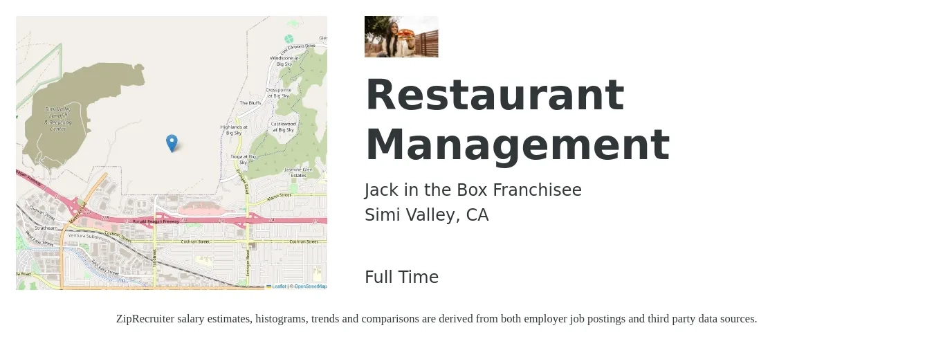 Jack in the Box Franchisee job posting for a Restaurant Management in Simi Valley, CA with a salary of $41,300 to $66,600 Yearly with a map of Simi Valley location.