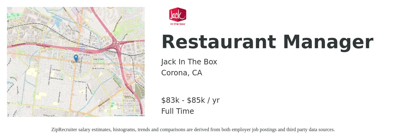 Jack In The Box job posting for a Restaurant Manager in Corona, CA with a salary of $83,200 to $85,000 Yearly with a map of Corona location.