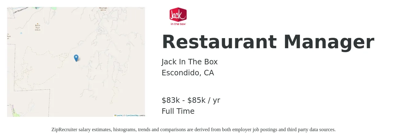 Jack In The Box job posting for a Restaurant Manager in Escondido, CA with a salary of $83,200 to $85,000 Yearly with a map of Escondido location.