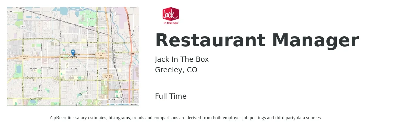 Jack In The Box job posting for a Restaurant Manager in Greeley, CO with a salary of $43,200 to $61,000 Yearly with a map of Greeley location.