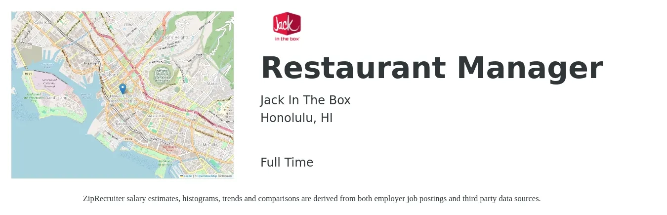 Jack In The Box job posting for a Restaurant Manager in Honolulu, HI with a salary of $43,500 to $61,400 Yearly with a map of Honolulu location.