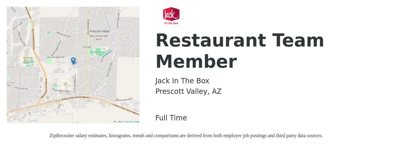 Jack In The Box job posting for a Restaurant Team Member in Prescott Valley, AZ with a salary of $12 to $16 Hourly with a map of Prescott Valley location.