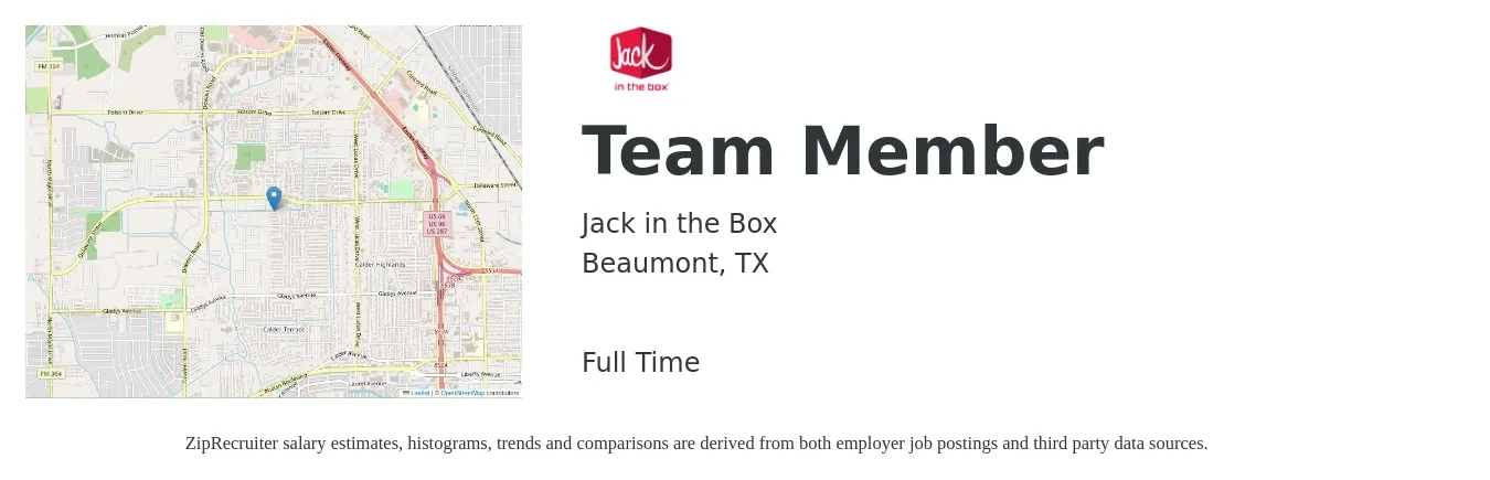 Jack in the Box job posting for a Team Member in Beaumont, TX with a salary of $10 to $13 Hourly with a map of Beaumont location.