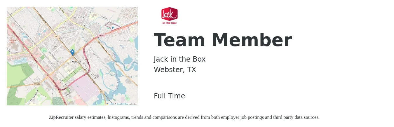 Jack in the Box job posting for a Team Member in Webster, TX with a salary of $10 to $14 Hourly with a map of Webster location.