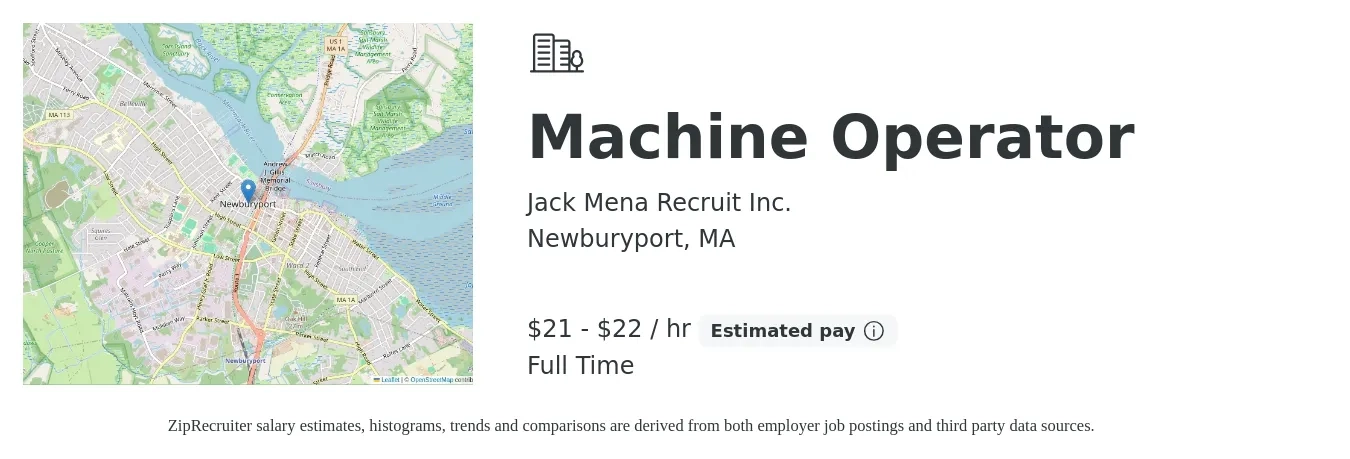 Jack Mena Recruit Inc. job posting for a Machine Operator in Newburyport, MA with a salary of $23 to $23 Hourly with a map of Newburyport location.