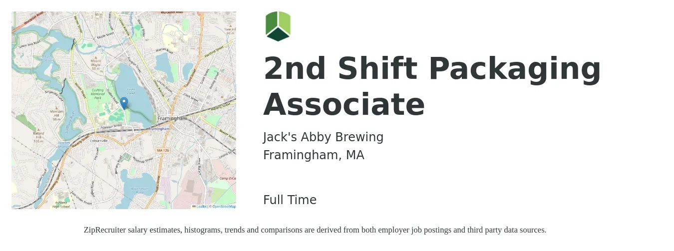 Jack's Abby Brewing job posting for a 2nd Shift Packaging Associate in Framingham, MA with a salary of $20 to $22 Hourly with a map of Framingham location.