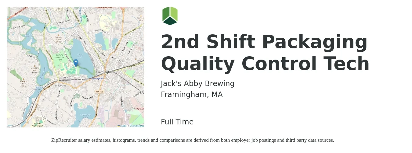 Jack's Abby Brewing job posting for a 2nd Shift Packaging Quality Control Tech in Framingham, MA with a salary of $19 to $25 Hourly with a map of Framingham location.