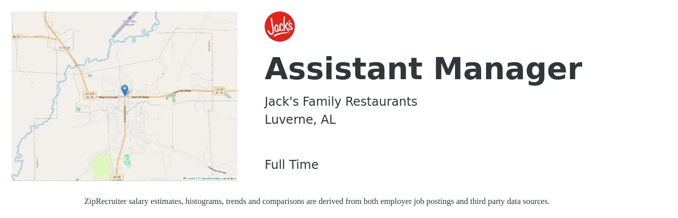 Jack's Family Restaurants job posting for a Assistant Manager in Luverne, AL with a salary of $880 Weekly with a map of Luverne location.