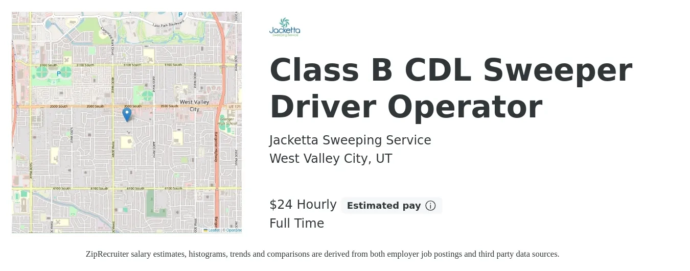 Jacketta Sweeping Service job posting for a Class B CDL Sweeper Driver Operator in West Valley City, UT with a salary of $25 Hourly with a map of West Valley City location.