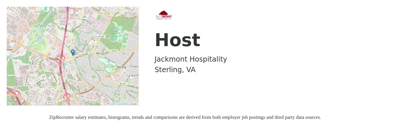 Jackmont Hospitality job posting for a Host in Sterling, VA with a salary of $12 to $17 Hourly with a map of Sterling location.