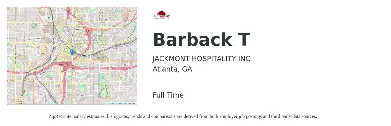 JACKMONT HOSPITALITY INC job posting for a Barback T in Atlanta, GA with a salary of $10 to $15 Hourly with a map of Atlanta location.