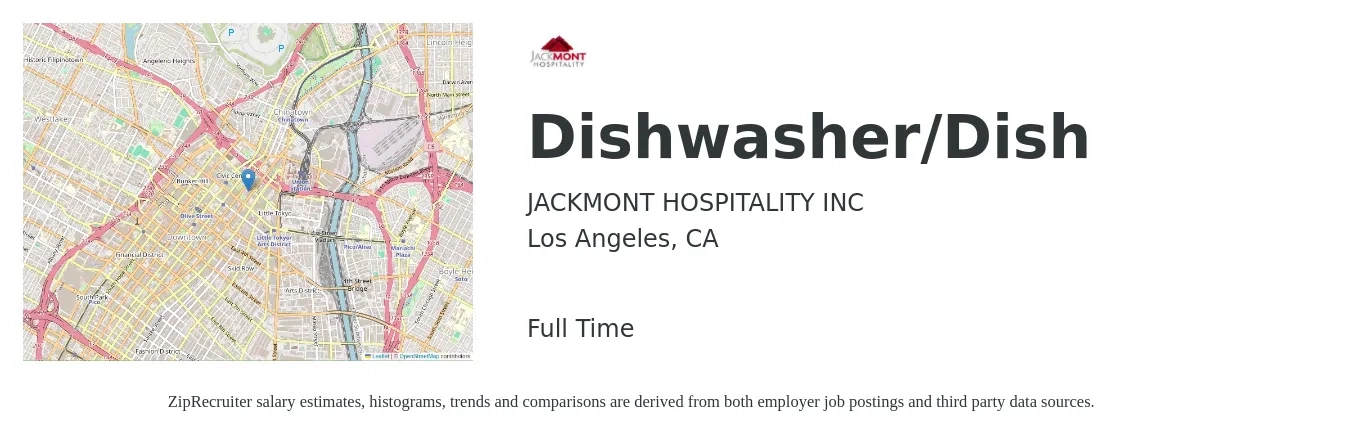 JACKMONT HOSPITALITY INC job posting for a Dishwasher/Dish in Los Angeles, CA with a salary of $14 to $18 Hourly with a map of Los Angeles location.