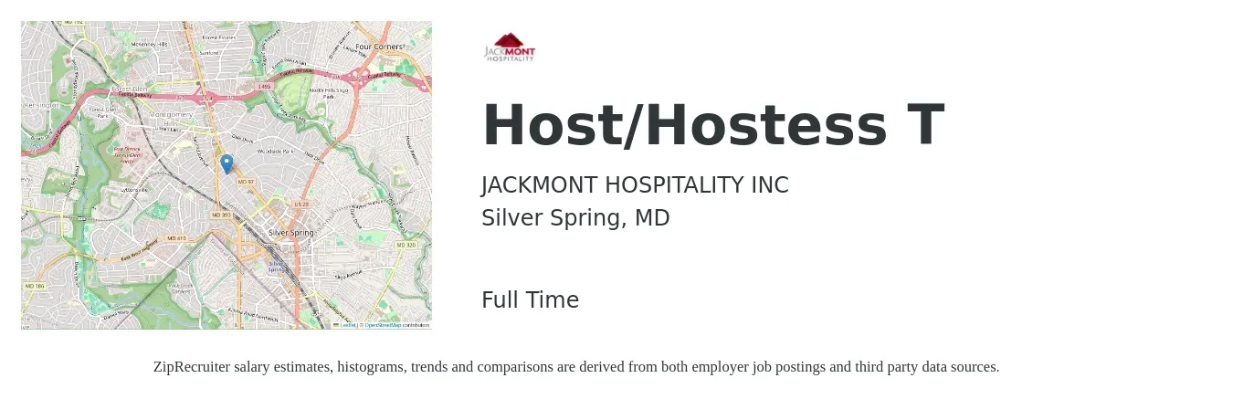 JACKMONT HOSPITALITY INC job posting for a Host/Hostess T in Silver Spring, MD with a salary of $12 to $17 Hourly with a map of Silver Spring location.
