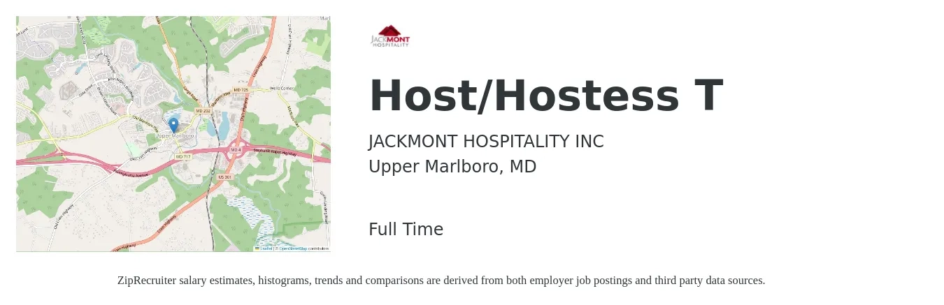 JACKMONT HOSPITALITY INC job posting for a Host/Hostess T in Upper Marlboro, MD with a salary of $12 to $16 Hourly with a map of Upper Marlboro location.