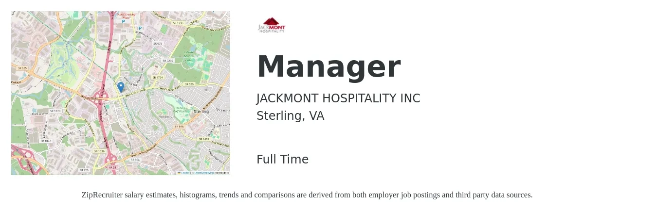 JACKMONT HOSPITALITY INC job posting for a Manager in Sterling, VA with a salary of $44,400 to $137,300 Yearly with a map of Sterling location.