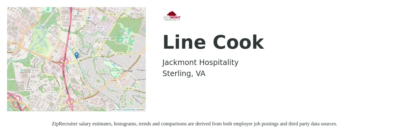 Jackmont Hospitality job posting for a Line Cook in Sterling, VA with a salary of $16 to $20 Hourly with a map of Sterling location.