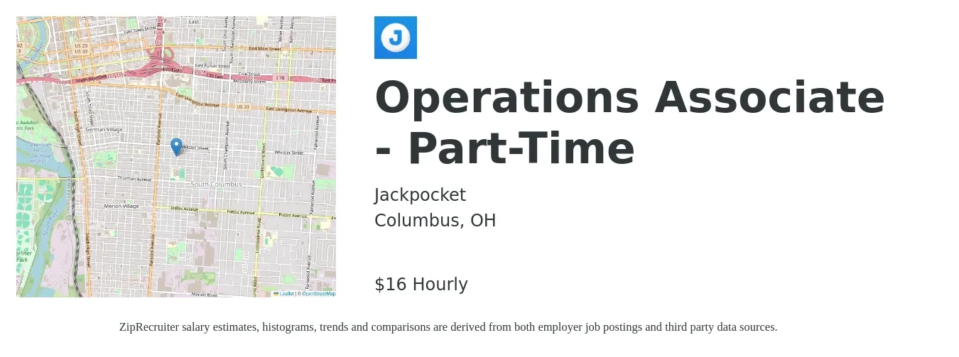 Jackpocket job posting for a Operations Associate - Part-Time in Columbus, OH with a salary of $17 Hourly with a map of Columbus location.