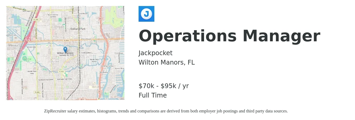 Jackpocket job posting for a Operations Manager in Wilton Manors, FL with a salary of $70,000 to $95,000 Yearly with a map of Wilton Manors location.