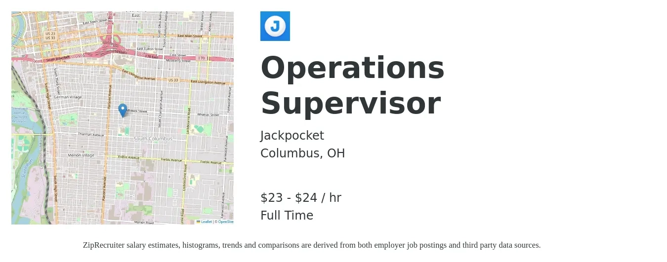 Jackpocket job posting for a Operations Supervisor in Columbus, OH with a salary of $24 to $25 Hourly with a map of Columbus location.