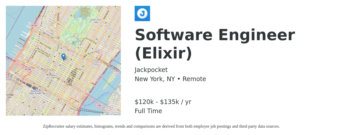 Jackpocket job posting for a Software Engineer (Elixir) in New York, NY with a salary of $150,000 to $170,000 Yearly with a map of New York location.