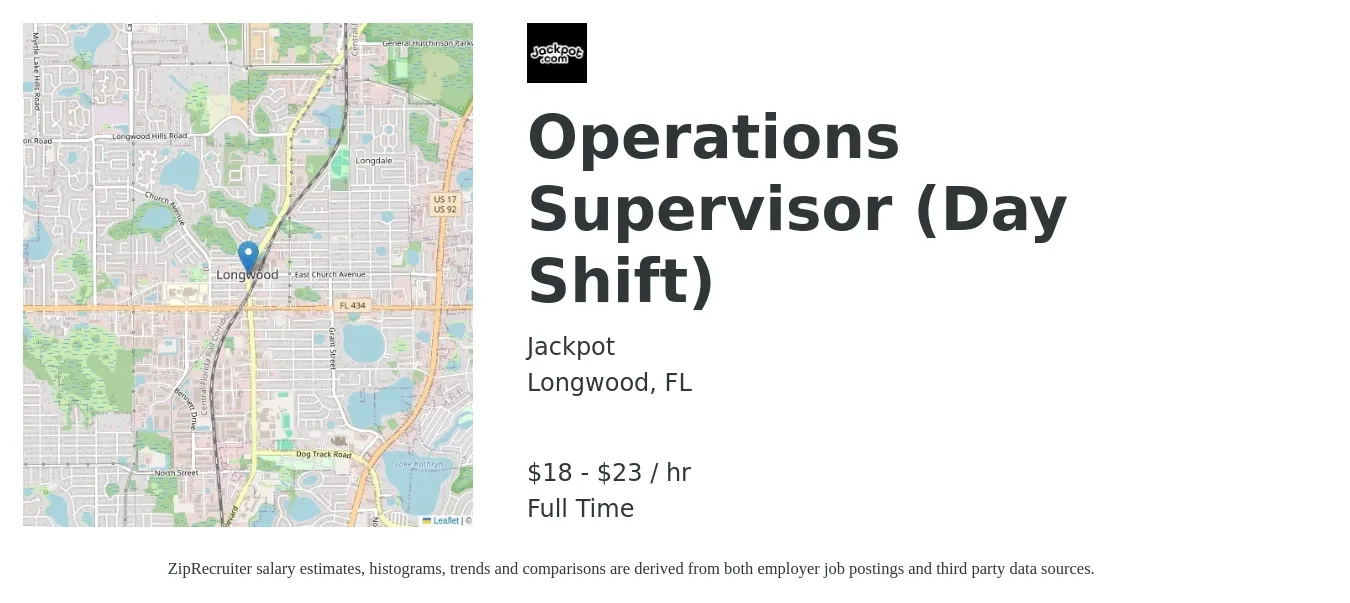 Jackpot job posting for a Operations Supervisor (Day Shift) in Longwood, FL with a salary of $19 to $24 Hourly with a map of Longwood location.