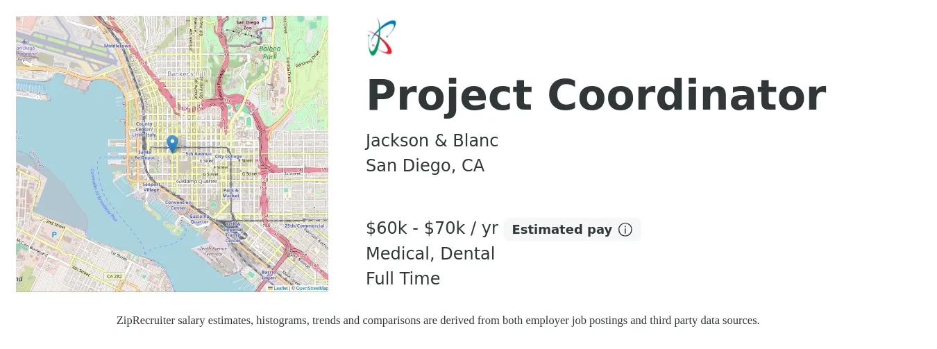 Jackson & Blanc job posting for a Project Coordinator in San Diego, CA with a salary of $60,000 to $70,000 Yearly and benefits including medical, retirement, and dental with a map of San Diego location.