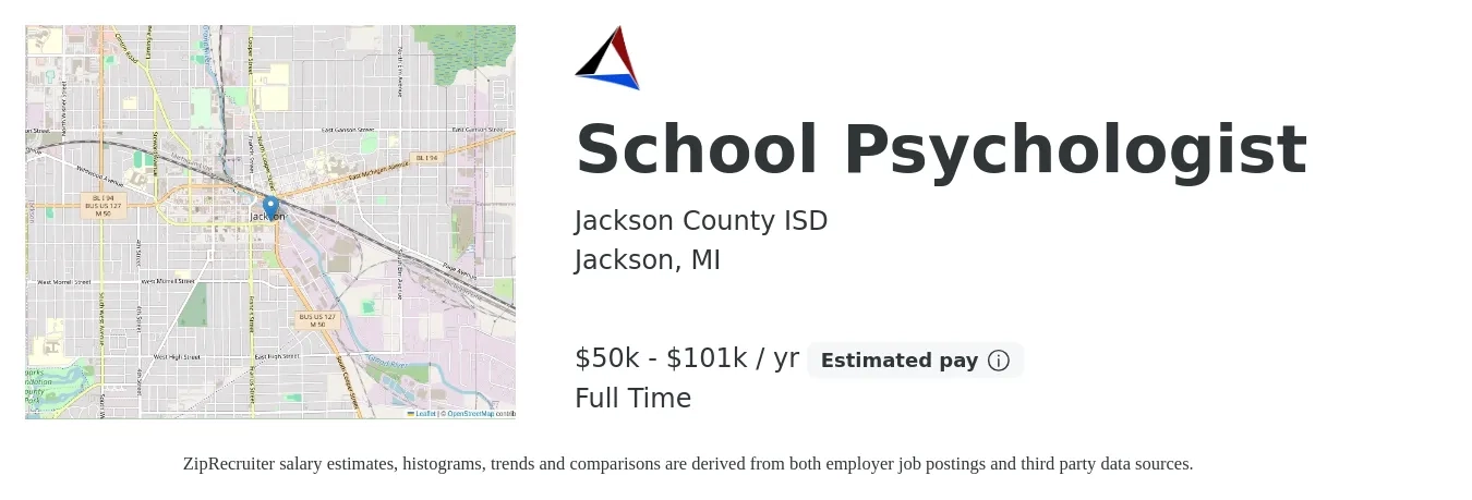 Jackson County ISD job posting for a SCHOOL PSYCHOLOGIST in Jackson, MI with a salary of $59,600 to $104,900 Yearly with a map of Jackson location.