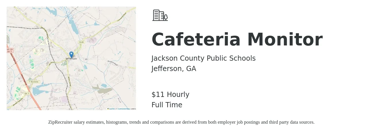 Jackson County Public Schools job posting for a Cafeteria Monitor in Jefferson, GA with a salary of $12 Hourly with a map of Jefferson location.