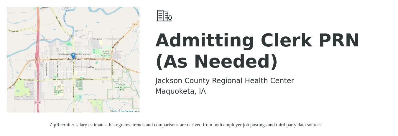 Jackson County Regional Health Center job posting for a Admitting Clerk PRN (As Needed) in Maquoketa, IA with a salary of $14 to $19 Hourly with a map of Maquoketa location.