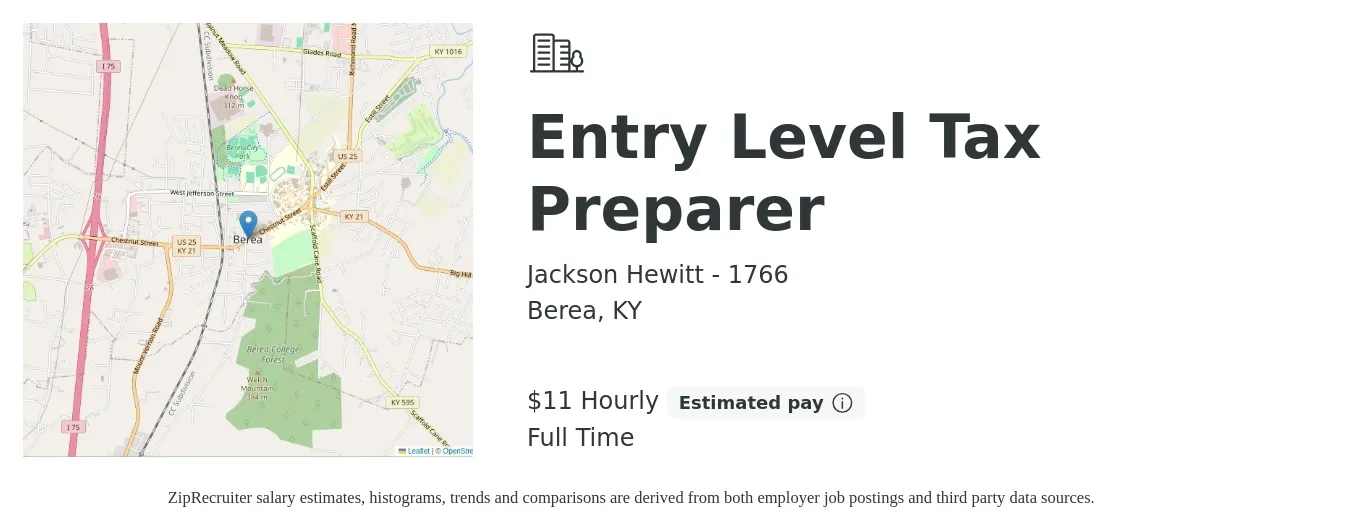 Jackson Hewitt - 1766 job posting for a Entry Level Tax Preparer in Berea, KY with a salary of $12 Hourly with a map of Berea location.