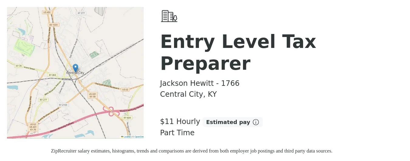 Jackson Hewitt - 1766 job posting for a Entry Level Tax Preparer in Central City, KY with a salary of $12 Hourly with a map of Central City location.