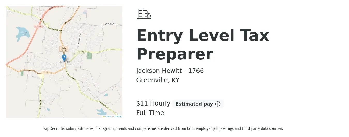 Jackson Hewitt - 1766 job posting for a Entry Level Tax Preparer in Greenville, KY with a salary of $12 Hourly with a map of Greenville location.