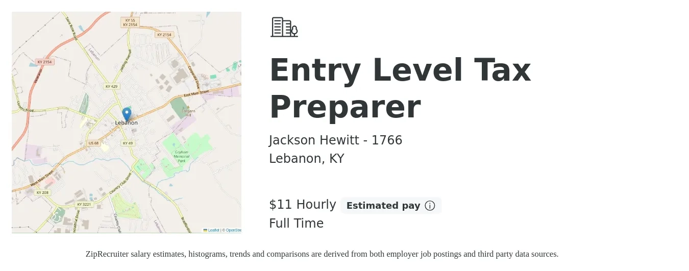 Jackson Hewitt - 1766 job posting for a Entry Level Tax Preparer in Lebanon, KY with a salary of $12 Hourly with a map of Lebanon location.