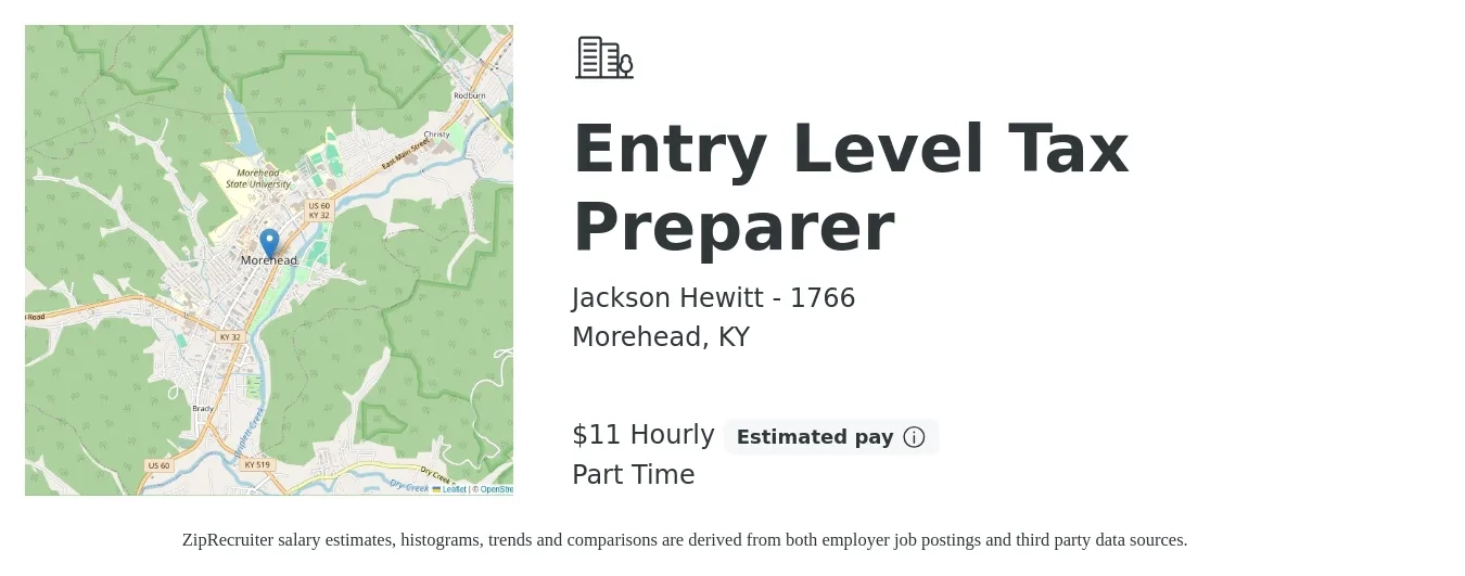 Jackson Hewitt - 1766 job posting for a Entry Level Tax Preparer in Morehead, KY with a salary of $12 Hourly with a map of Morehead location.