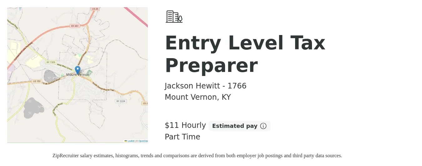Jackson Hewitt - 1766 job posting for a Entry Level Tax Preparer in Mount Vernon, KY with a salary of $12 Hourly with a map of Mount Vernon location.
