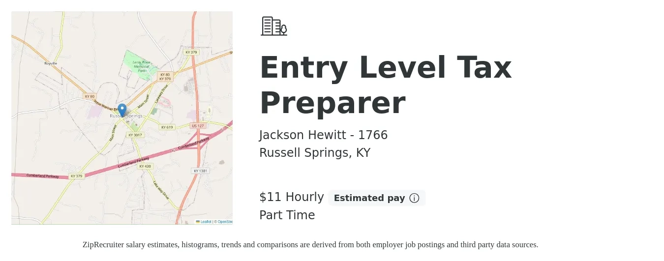 Jackson Hewitt - 1766 job posting for a Entry Level Tax Preparer in Russell Springs, KY with a salary of $12 Hourly with a map of Russell Springs location.