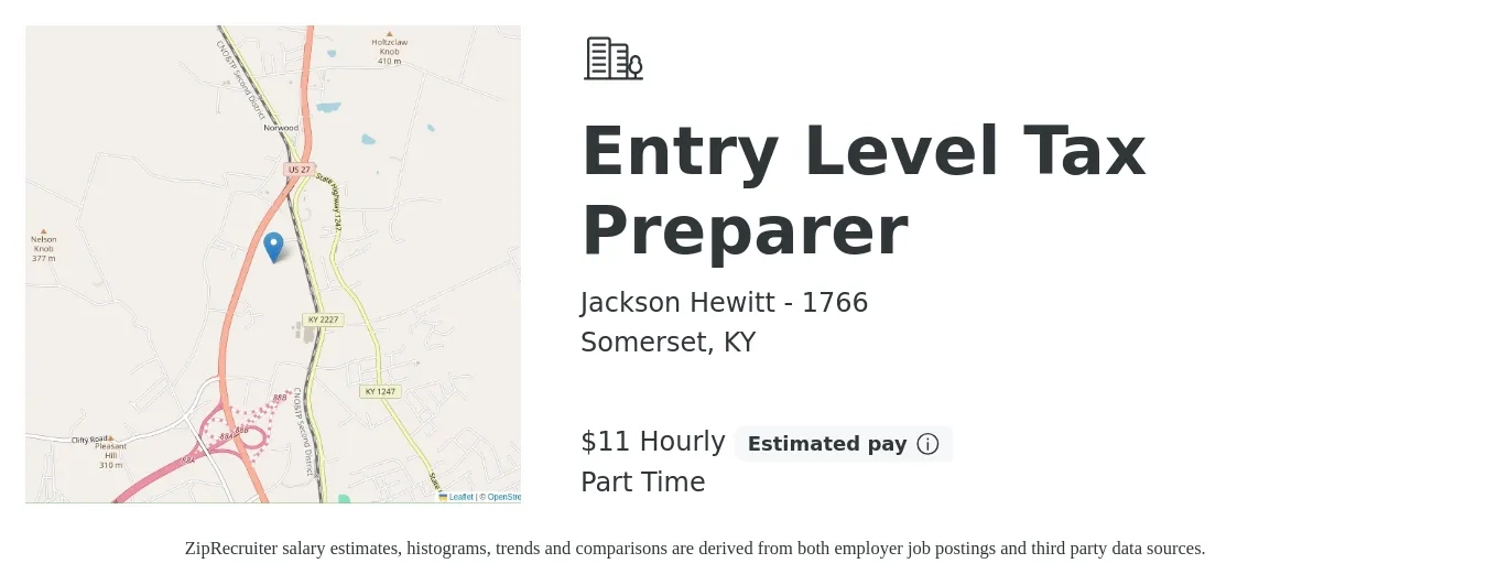 Jackson Hewitt - 1766 job posting for a Entry Level Tax Preparer in Somerset, KY with a salary of $12 Hourly with a map of Somerset location.