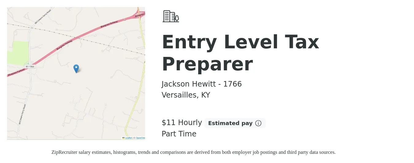 Jackson Hewitt - 1766 job posting for a Entry Level Tax Preparer in Versailles, KY with a salary of $12 Hourly with a map of Versailles location.