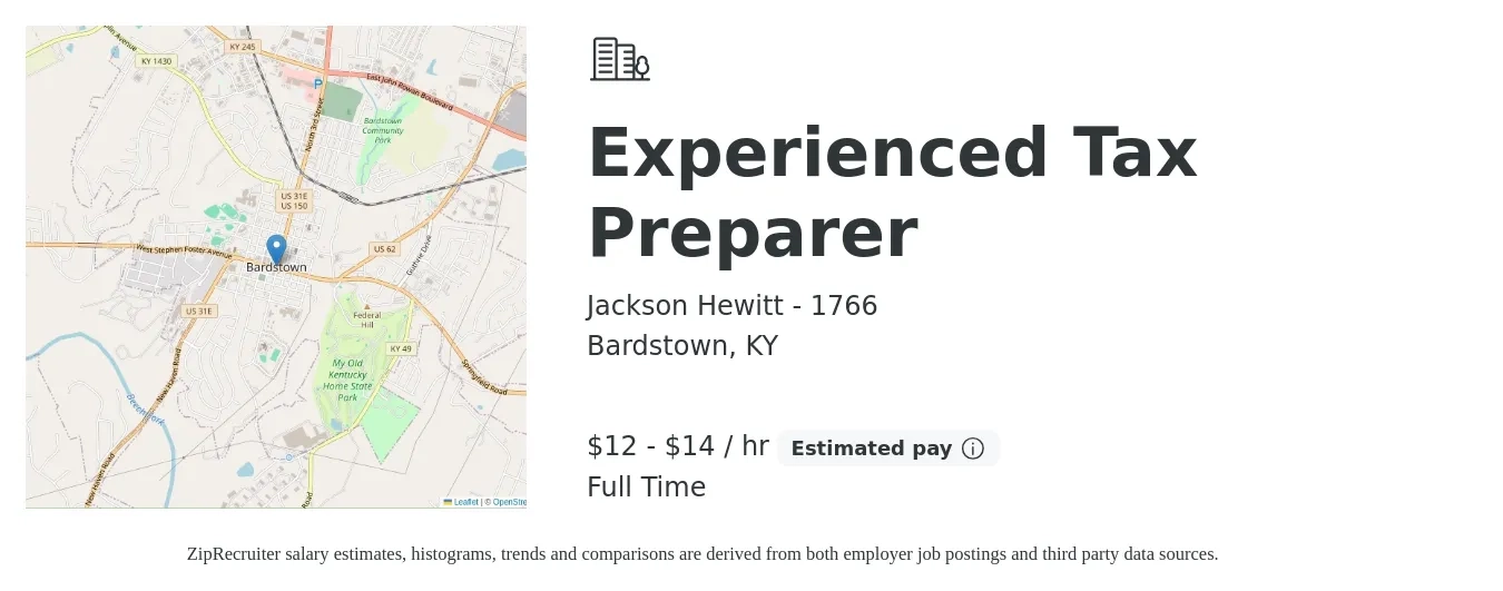 Jackson Hewitt - 1766 job posting for a Experienced Tax Preparer in Bardstown, KY with a salary of $13 to $15 Hourly with a map of Bardstown location.