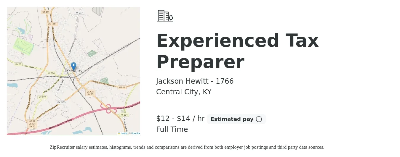 Jackson Hewitt - 1766 job posting for a Experienced Tax Preparer in Central City, KY with a salary of $13 to $15 Hourly with a map of Central City location.